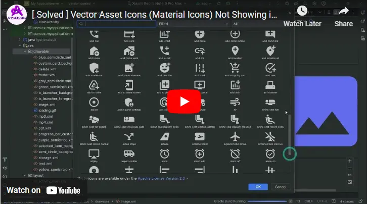 Icons not loading in the vector assets section in Android Studio